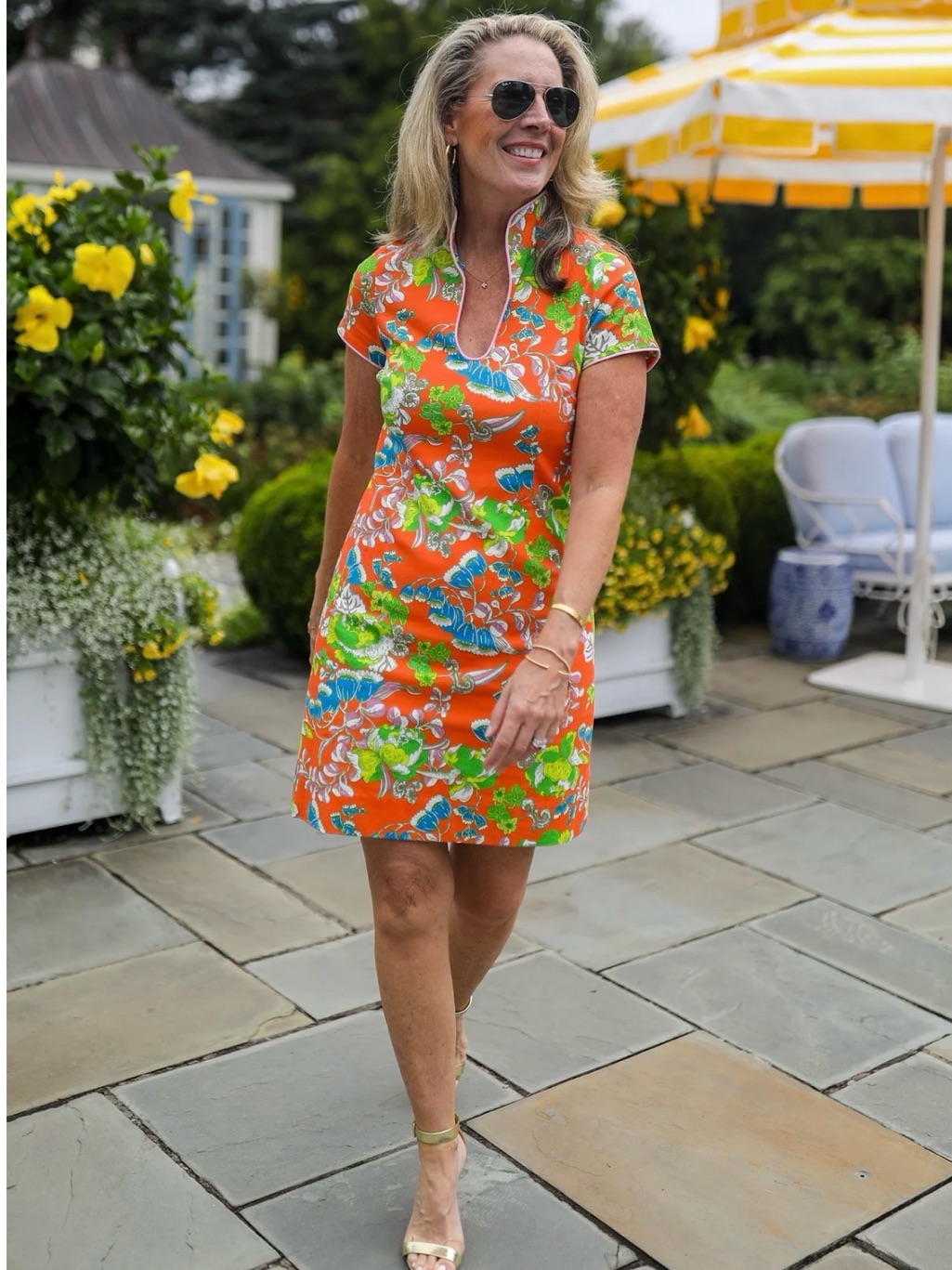 Ck Bradley Aya Dress In Cordelia Orange Floral Cotton Blend Pink Piping Size L